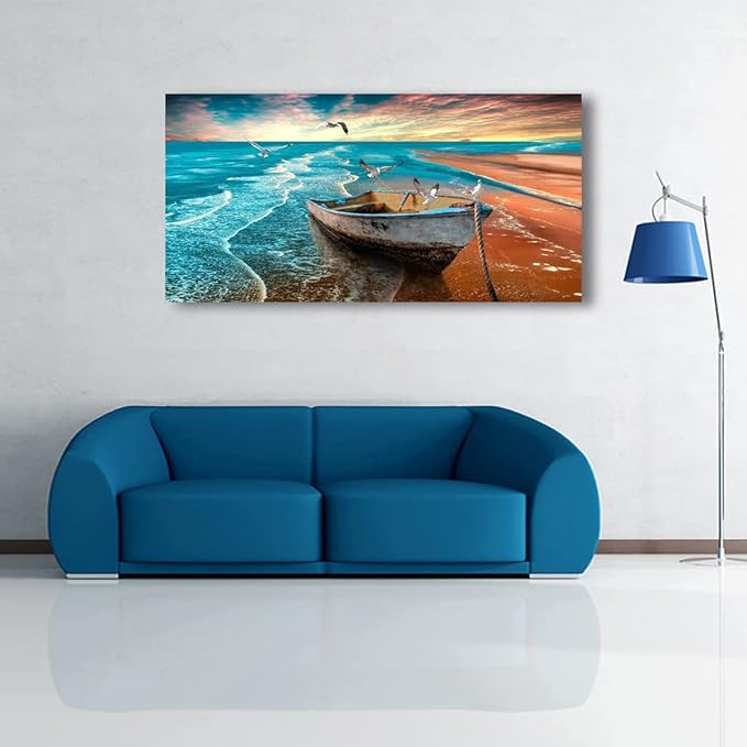 Beach Sunset Pictures Canvas Wall Art For Living Room Bedroom Wall Decor,Seascape Wall Art Print Paitnings For Home Decor,Morden Artwork Boat Canvas Art Waterproof Ready To Hang-20X40Inches