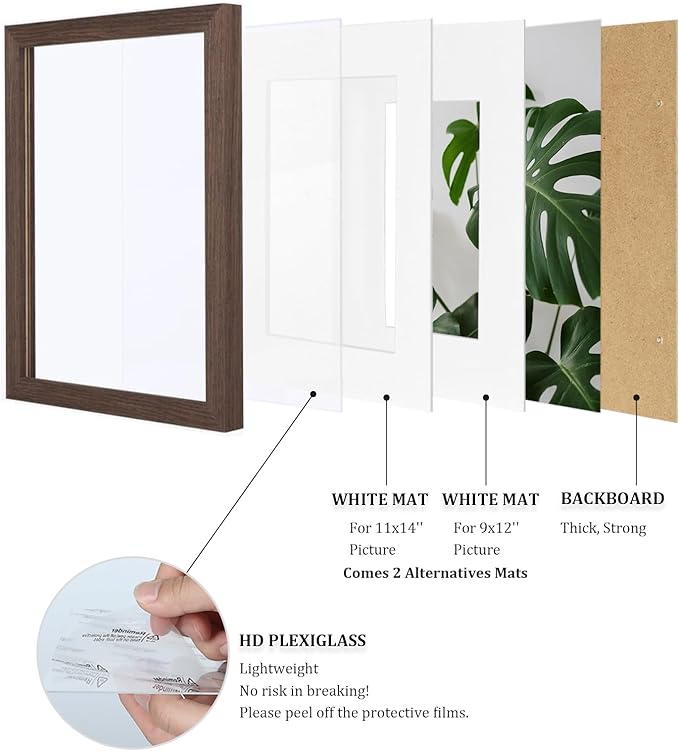 Egofine 12x16 Picture Frames Set of 4, Made of Solid Wood Covered by Plexiglass 9x12 and 11x14 with Mat or 12x16 without Mat, for Wall Mounting Photo Frame Brown