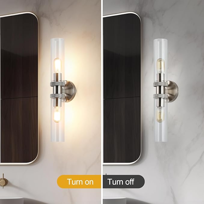 2 Light Bathroom Vanity Light Brushed Nickel, Bathroom Light Fixtures Side Mirror, Vintage Wall Lamp for Bedroom, Modern Bedroom Vanity Lighting Fixtures with Glass Shade