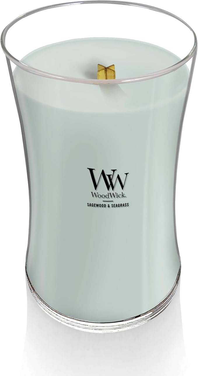 WoodWick Large Hourglass Candle Sagewood/Seagrass - Premium Soy Blend Wax Pluswick Innovation Wood Wick Made in USA