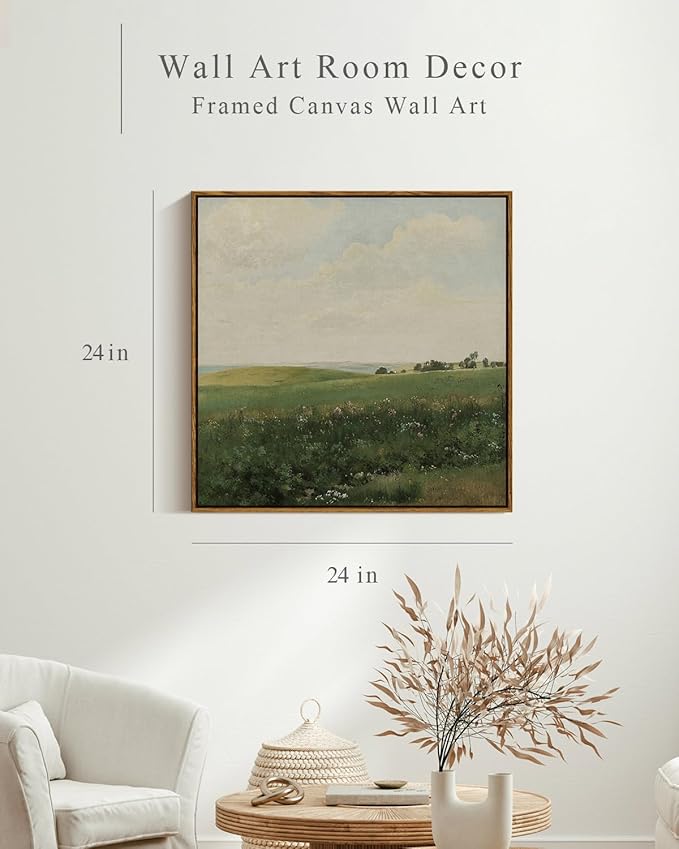 InSimSea Square Framed Canvas Wall Art, Large Decor Vintage Grassland Paintings, Field Scenery Wall Pictures for Bedroom Bathroom Living Room, Canvas Prints Vintage Farmhouse Decor 24"x24"