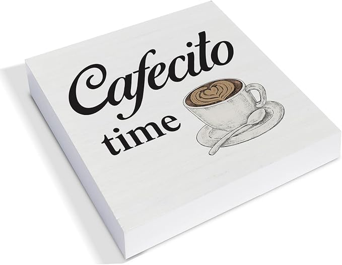 Country Cafecito Time Wood Box Sign Decor Desk Sign Coffee Caffeine Lover Wooden Box Block Sign Rustic Home Kitchen Shelf Tabletop Wall Decoration