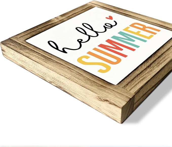 Hello Summer Sign, Wood Box Sign Desk Decor, Front Door Decoration for Shelf, Colorful Summer Decoration Signs for Home, Farmhouse Home Decors, Rustic Tabletop Decor Signs 5.9×5.9inches