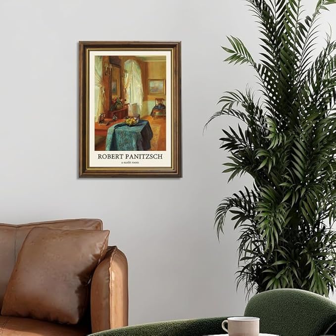 Yihaca Vintage Brown Frame Prints Decor Artist a Sunlit Room Wall Art Framed Canvas Wall Art Home Decor for Living Room Bedroom Decor 12x16in