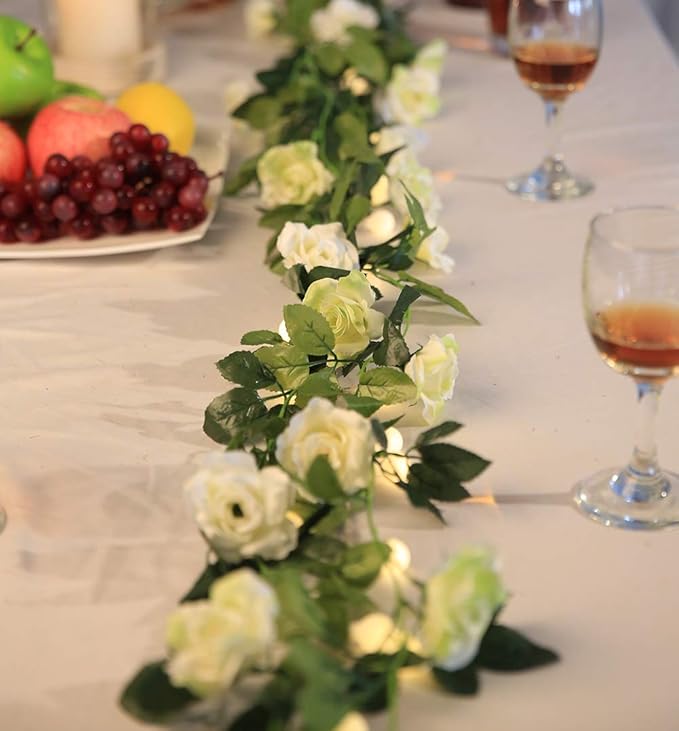 JUSTOYOU 2 Pack (15.8FT) Fake Rose Garland, Artificial Rose Vines Flowers Hanging Silk Rose Vine Wedding Home Backdrop Party Arch Arrangement Decoration