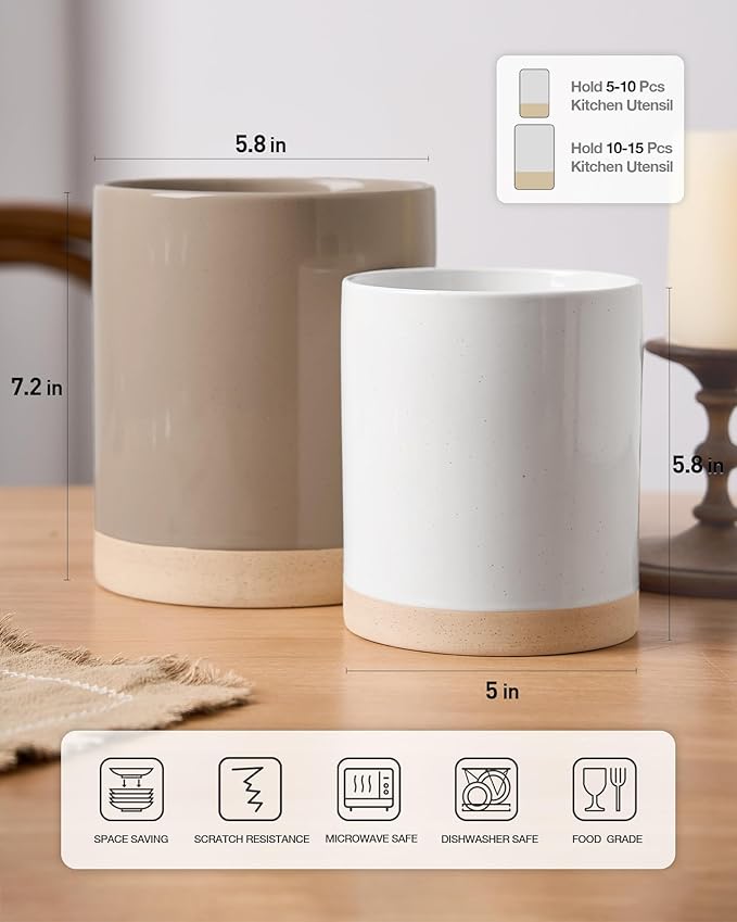 famiware Milkyway Kitchen Utensil Holder for Countertop, Ceramic Cooking Utensil Crocks for Kitchen Counter, Utensil Organizer for Spatula & Spoon, Set of 2, Cinnamon Brown and White