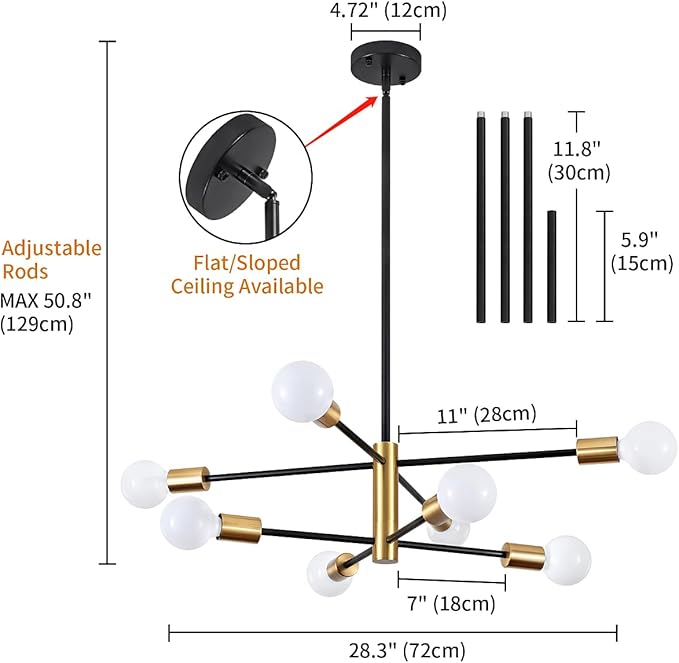 8-Light Modern Chandelier Sputnik Light, Entryway Chandelier Dining Room Lights Over Table, Black and Gold Foyer Lighting Chandeliers for Bedroom Living Room Light