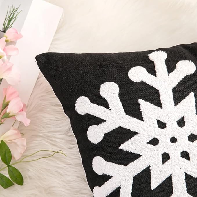 MIULEE Pack of 2 Christmas Decorative Snowflake Throw Pillow Covers Canvas Embroidery Winter Cushion Cases Holiday Decor Soft Pillowcases for Winter Couch Sofa Bedroom Car（Black, 20x20in）