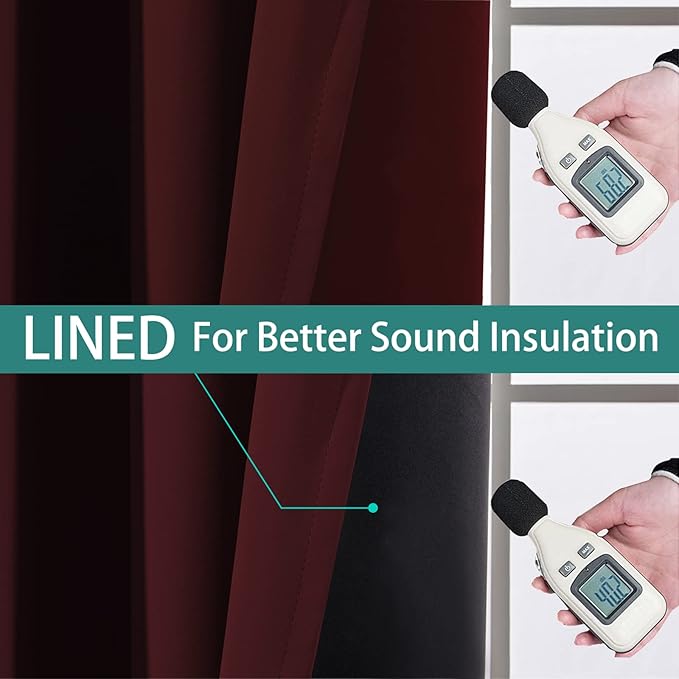 Yakamok 100% Blackout Curtains for Living Room, Noise Reducing Drapes,Thermal Insulated Blackout Curtains for Bedroom(62Wx96L, Burgundy Red, 2 Panels)