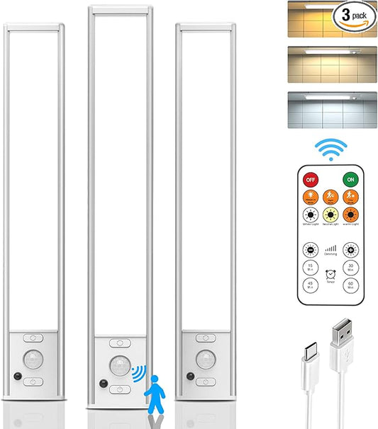 Under Cabinet Lights Wireless,Motion Sensor Light Indoor Closet Lights with Remote Control,3 Color Temps,LED Rechargeable Battery Operated,Under Counter Lights for Kitchen,Wardrobe,Pantry,Bedroom