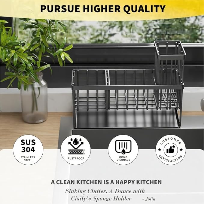 Cisily Sink Caddy Organzier with High Brush Holder, Sponge Holder for Sink, 304 Rustproof Stainless, Kitchen Countertop Soap Dispenser Organizer, Dark Gray Kitchen Decor and Accessories
