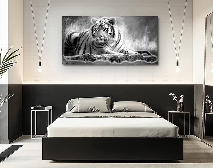Yxbhhym Animal Black and White Tiger Canvas Wall Art Picture Tiger Painting Print Gallery Wrap Office Bathroom Living Room Decoration Modern Home Art Framed Wall Art– 20X40inch