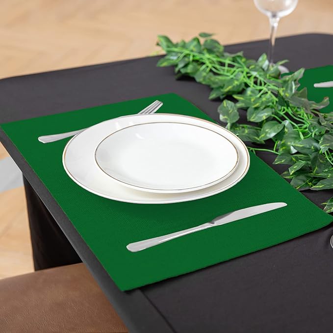 Cloth Green Placemats Set of 8, Linen Type Fabric Placemats Machine Washable Heat Resistant Placemats Polyester Place Mats for Halloween, Thanksgiving and Christmas Dining Table (Forest Green)