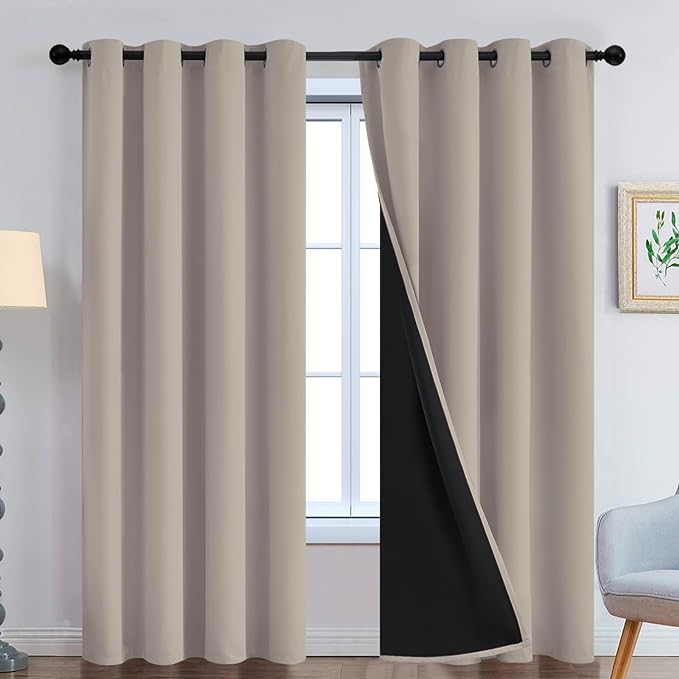 Yakamok 100% Blackout Curtains 90 Inches Long, 2 Thick Layers Heat and Full Light Blocking Soft Thermal Insulated Drapes for Bedroom(52" Wide Each Panel, Natural, 2 Panels)