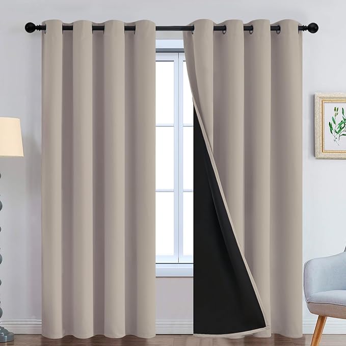 Yakamok 100% Blackout Curtains 84 Inches Long, 2 Thick Layers Heat and Full Light Blocking Soft Thermal Insulated Drapes for Bedroom(52" Wide Each Panel, Natural, 2 Panels)