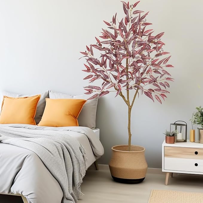Briful 6ft Artificial Eucalyptus Tree in Black Pot, Realistic Silk Potted Floor Plant Eucalyptus Plant for Home Decor Indoor Outdoor Patio Office, Burgundy Leaf