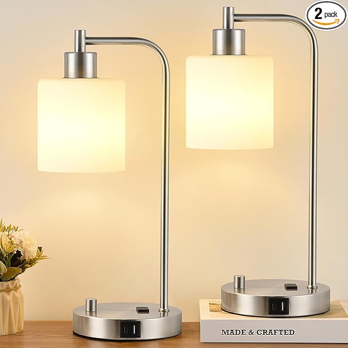 Lynnoland Set of 2 Industrial Table Lamps with USB C+A Ports and Outlet, Brushed Nickle Fully Stepless Dimmable Bedside Lamps, Nightstand Lamp with Opal Glass Shade for Reading Office (2 LED Bulb)