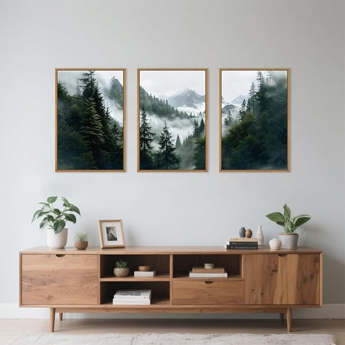 HOURIA Boho Forest Mountain Framed Canvas Wall Art Set,Nature Foggy Woodland Ridge Wall Decor,Misty Pine Tree Artwork,Sage Green Botanical Art Prints for Living Room, Bedroom, Farmhouse-16 x24 x3