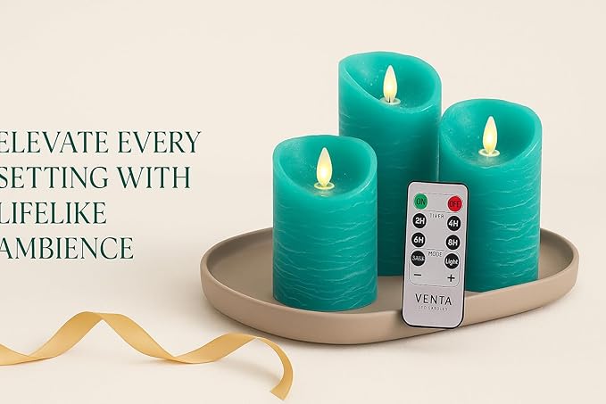 VENTA Turquoise Real Wax Flameless Candles, Set of 3 | Realistic Teal LED Pillar Candles with Remote & Timer | Perfect for Coastal, Beach House & Nautical Decor