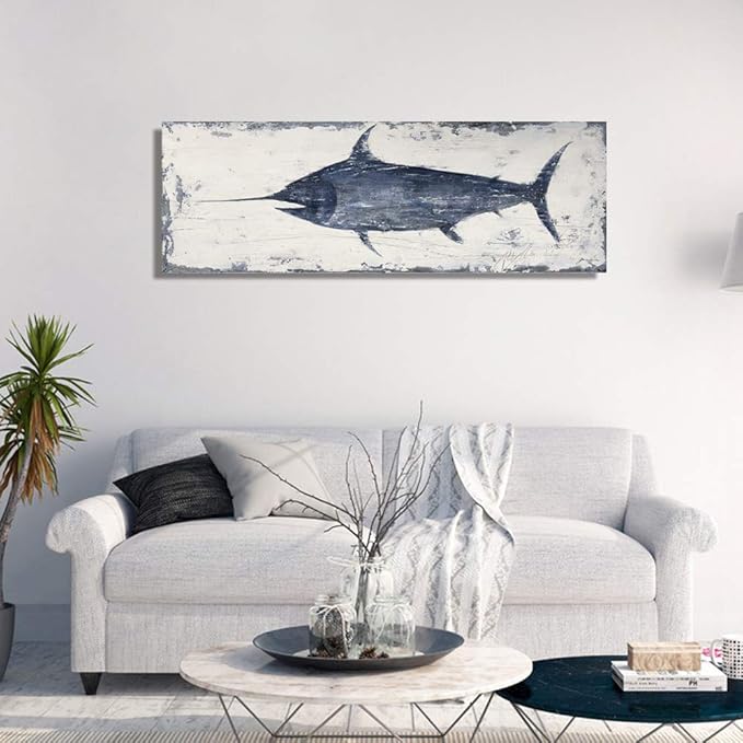 NdcSkyArt Vintage Style Swordfish Wall Art, Nautical Decor for Home & Office, Blue and White Coastal Painting