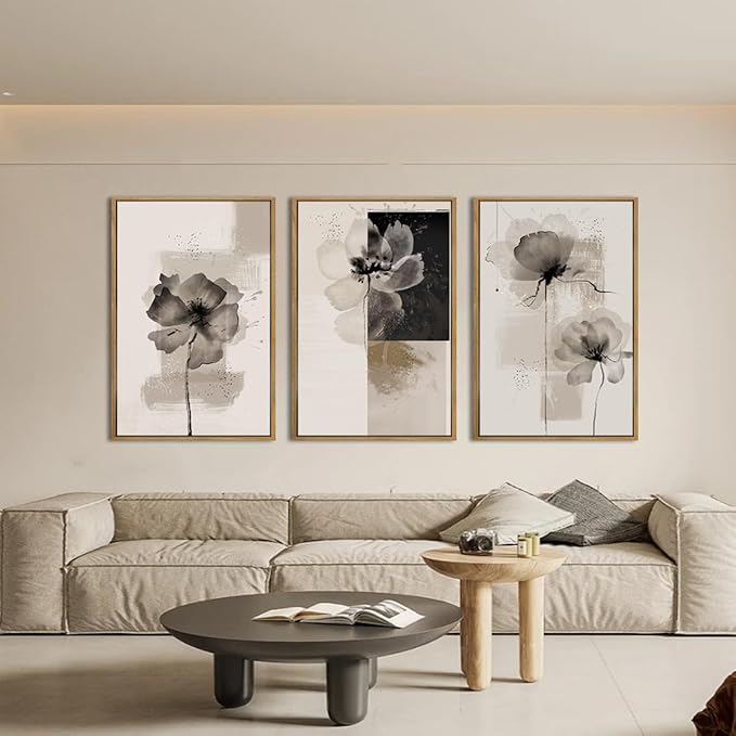 IARTTOP Extra Large Black Neutral Framed Wall Art 24x36 Inch Beige Tan Abstract Floral Canvas Wall Decor Set of 3 Minimalist Modern White Flower Art Prints for Living room Bedroom