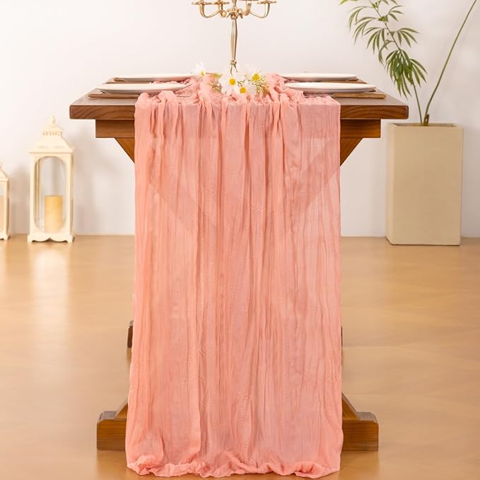 Socomi Coral Peach Fall Thanksgiving Cheesecloth Table Runner Boho Rustic Gauze 120 inch 10FT Cheese Cloth Runner for Wedding Party Baby Shower Birthday Home Decor Holiday Decorations