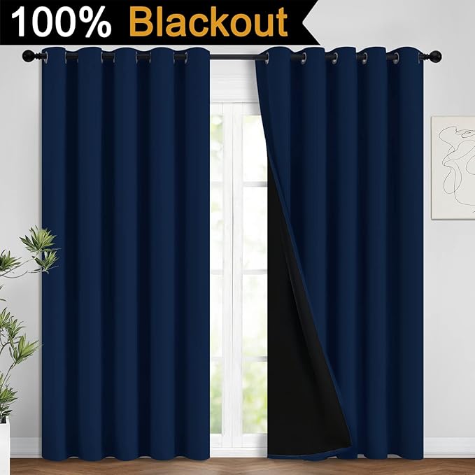 Yakamok 100% Blackout Lined Panels, Room Darkening Thermal Insulated Blackout Curtains for Bedroom, Heat Blocking Drapes for Living Room(62Wx84L, Navy Blue, 2 Panels)