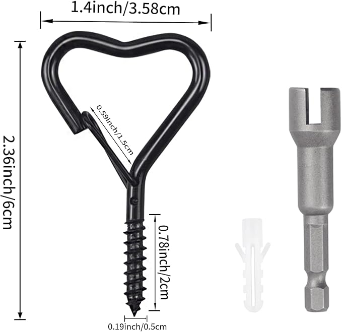 Lamp Wire Hook，Heart-Shaped Screw-in Wall Hooks for Outdoor Decor, Champagne Metal, Key Hook，Decorative Plant Hanging，Clothes Hook (Black, 10Pcs)