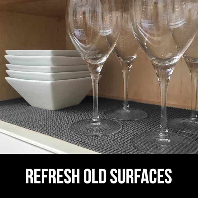 GORILLA GRIP powerGRIP Drawer Shelf and Cabinet Liner, Thick Strong Hold, Non-Adhesive Liners Protect Kitchen Cabinets and Cupboard, Bathroom Drawers, Easy Install, Breathable Mat, 12" x10', Charcoal