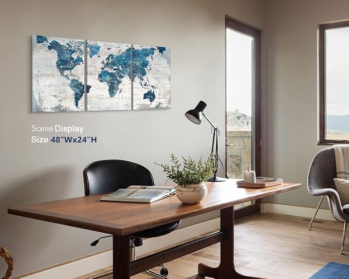 Elixart Wall Art for Living Room Office Wall Decor Pictures for Bedroom World Map Art Large Kitchen Decor 48"X24" Motivational Painting for Dining Room Wall Decorations