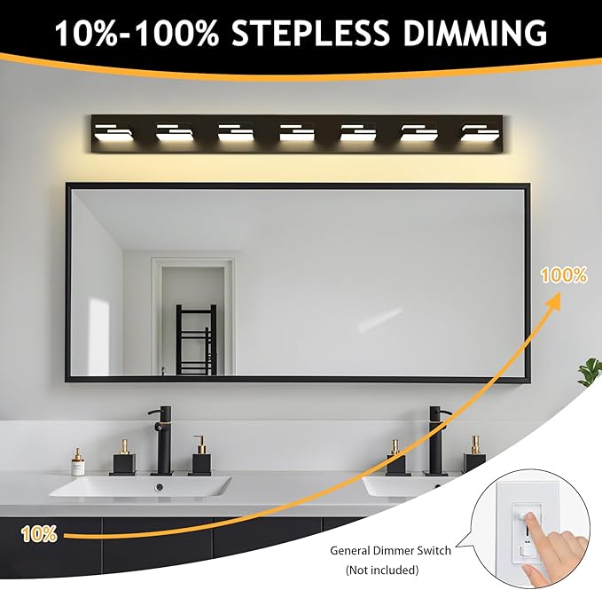 LED Modern Bathroom Vanity Light Fixtures 7-Light 5CCT Dimmable Matte Black Vanity Lights for Bathroom Lighting Fixtures Over Mirror, with 350° Rotatable Acrylic Heads, 48-inch