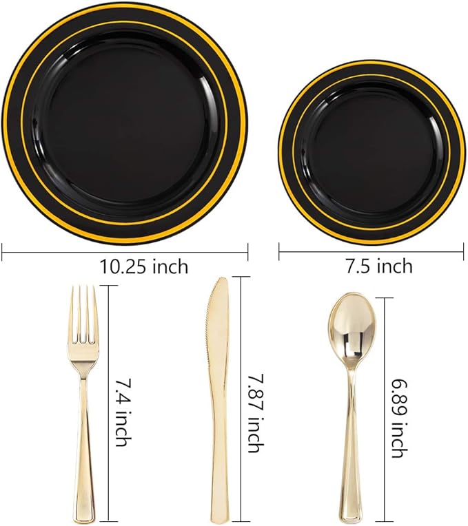 WDF 125Pieces Black Plates Disposable with Gold Rim & Disposable Gold Plastic Silverware for Halloween - 50 Graduation Plates - 25 Forks, 25 Knives, 25 Spoons