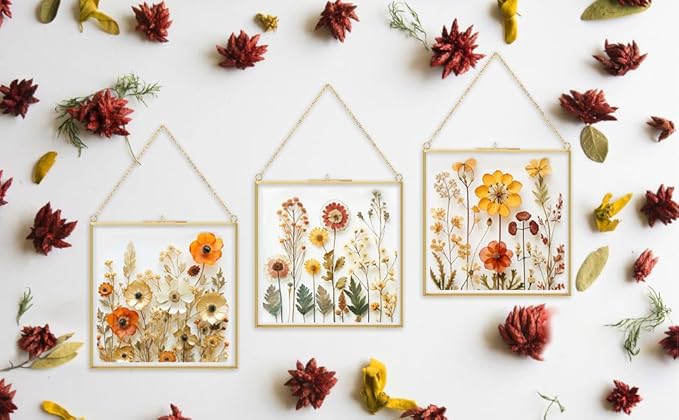 TLBTEK 8x8 inch Brass Hanging Photo Frame,Double Glass Frame for Pressed Flowers,Clear DIY Vintage Artwork Display Frame Wall Mounted Photos Frame