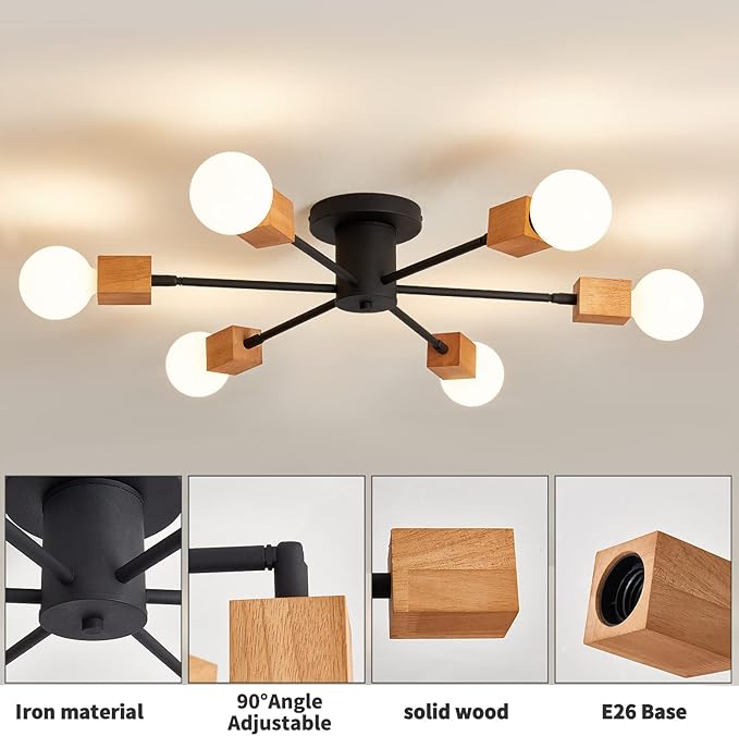 Semi Flush Mount Wood Ceiling Light Fixture 6-Lights Rustic Wooden Sputnik Chandelier Farmhouse Ceiling Lighting Oak and Black with E26 for Dining Room Bedroom Kitchen Lighting Fixture.