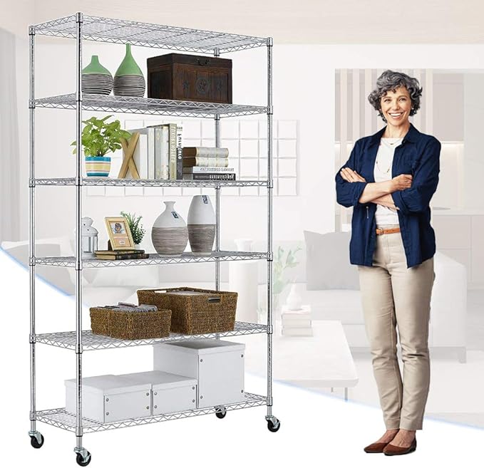 PayLessHere | 6-Tier Wire Shelf with Wheels | 48"x18"x82" | Chrome | Adjustable Racks | Heavy-Duty Storage Shelves, Holds Upto 510 lbs | Rust-Resistant, No-Tool Assembly | for Home, Garage Shelving
