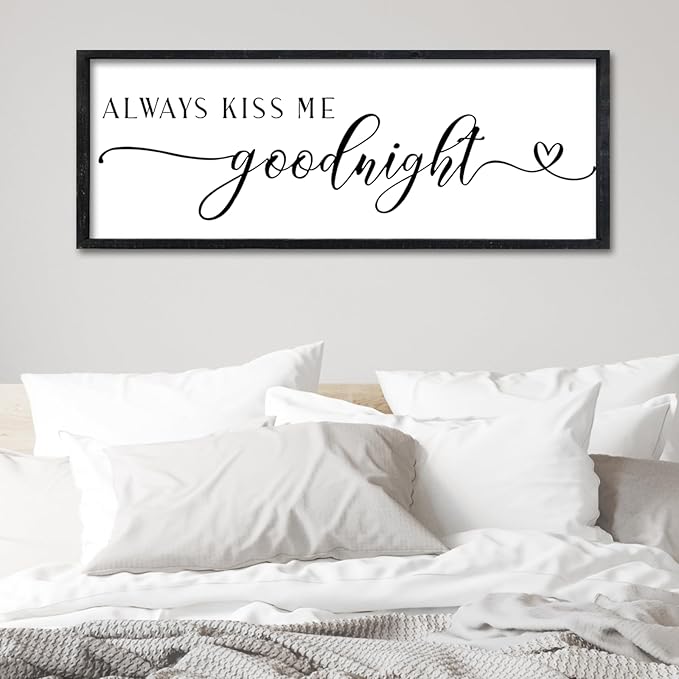 Surfapans Master Bedroom Above Bed Wall Decor 32"×12" Always Kiss Me Goodnight Sign Rustic Farmhouse Couples Over Bed Romantic Love Quotes Modern Large Wood Frame Horizontal Wall Hanging Art (Black