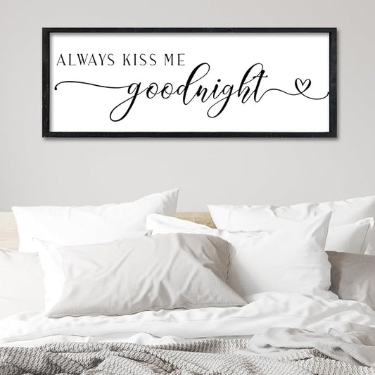 Surfapans Master Bedroom Above Bed Wall Decor 32"×12" Always Kiss Me Goodnight Sign Rustic Farmhouse Couples Over Bed Romantic Love Quotes Modern Large Wood Frame Horizontal Wall Hanging Art (Black