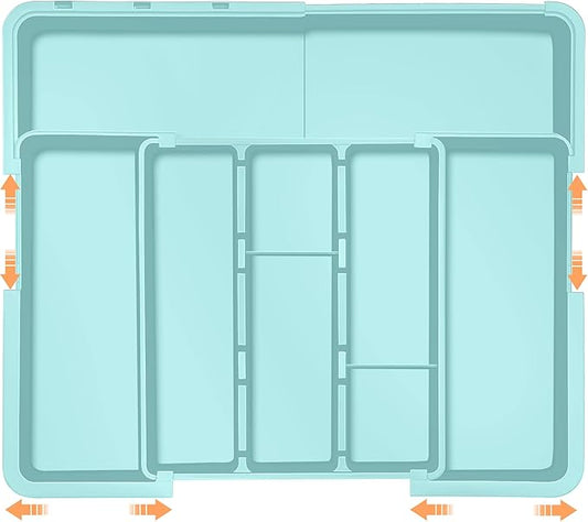 Large Utensil Drawer Organizer Expandable Silverware Organizer for Kitchen Drawer Adjustable Cooking Utensil Holder Cutlery Flatware Tray Spatula Tools Gadgets Storage Dividers Plastic Turquoise