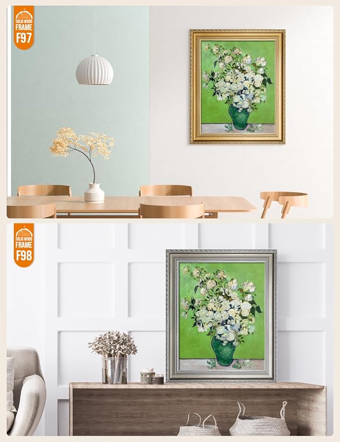 DECORARTS - Pink Roses in a Vase - Vincent Van Gogh Giclee Prints w/Antique Brown Frame for Wall Decor. Picture Size: 16x20, Total Size w/Frame: 19x23