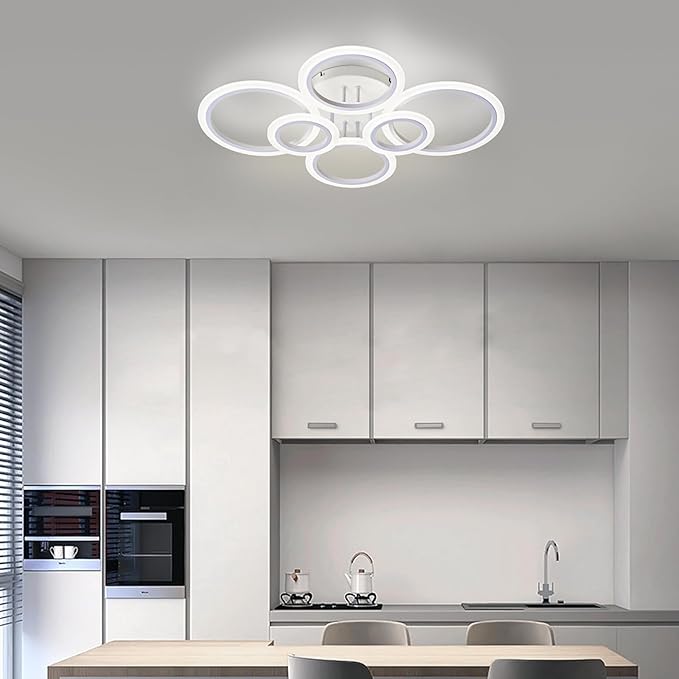 Modern LED Ceiling Light, White 6 Rings Flush Mount Ceiling Light, 4000K Lighting Fixture Ceiling Lamp for Kitchen, Bedroom, Living Room, Laundry Room