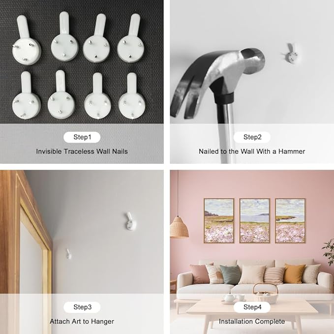 HOURIA Pink Wildflower Coastal Landscape Framed Canvas Wall Art Set,Green Meadow Field Wall Decor,Watercolor Beach Wall Painting,Modern Seaside Wall Decor for Living Room, Bedroom, Farmhouse-24"x36"x3