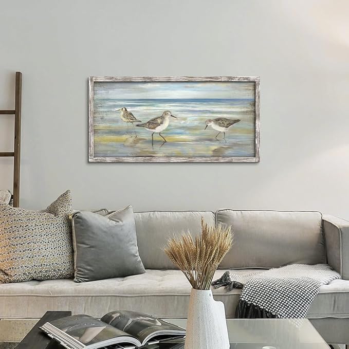 Coastal Beach Framed Birds Abstract Paintings Wooden Prints Wall Art for Bedroom Wall Decor Artworks Pictures Wall Decorations for Living Room Office(40"*20")
