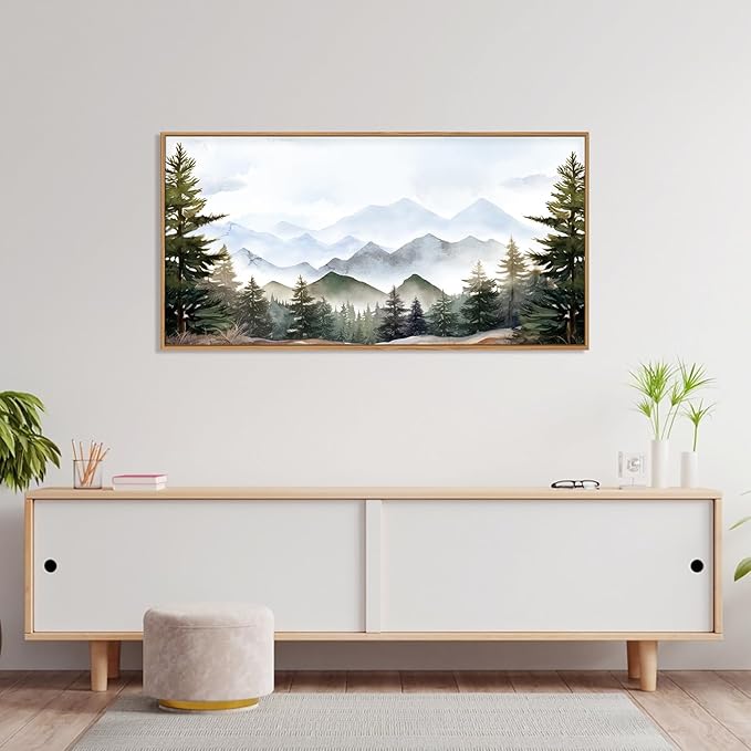 KAIRNE Framed Mountain Canvas Wall Art Set, Misty Forest Wall Decor, Green Pine Tree Wall Painting, Nature Widerness Landscape Art Print for Living Room, Bedroom, Study, Gallery - Large Size 20"x40"