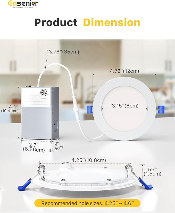 Ensenior 12 Pack 4 Inch LED Recessed Light, Dimmable, 3000K-5000K 3CCT, 750LM High Brightness, 9W 120V, Damp Rated, Ultra-Thin Canless Wafer Ceiling Light - ETL & FCC & IC