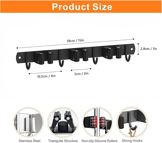 Mop and Broom Holder Wall Mount, Upgraded Broom Organizer Wall Mount, Stainless Steel Broom Hanger Wall Mount for Kitchen Garden Laundry Room Decor (3 Racks with 4 Hooks Black)