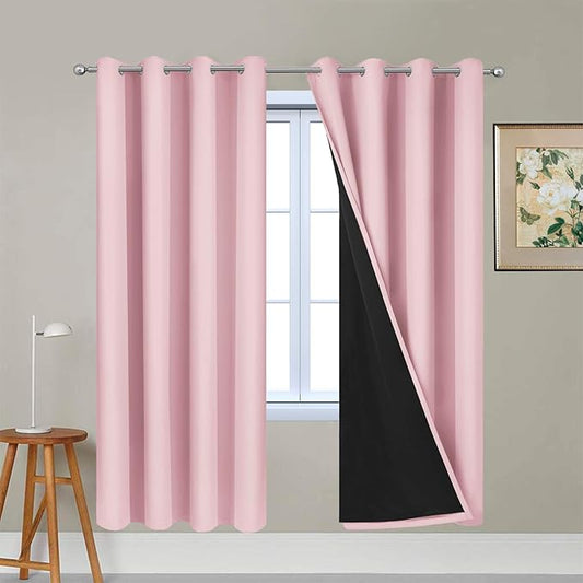 Yakamok 100% Blackout Lined Panels, Thermal Insulated Blackout Curtains for Bedroom, Heat Blocking Drapes for Living Room(52Wx72L, Pink, 2 Panels)