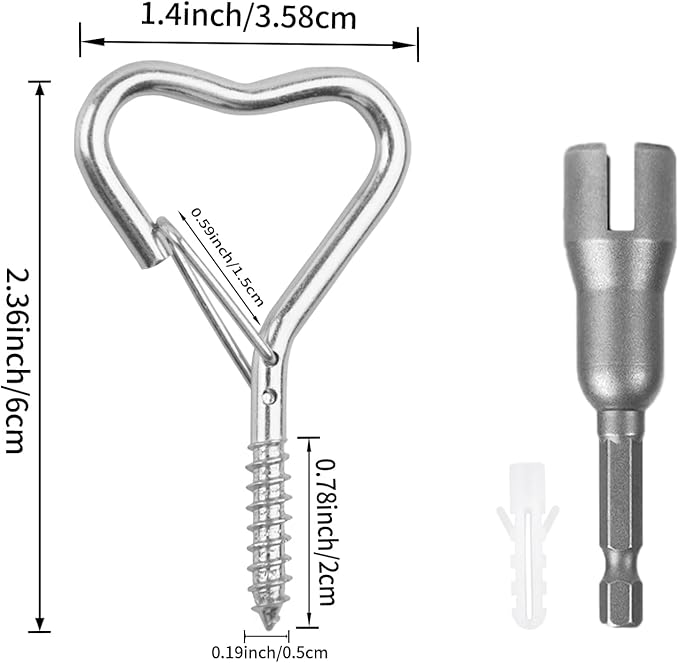 Lamp Wire Hook，Heart-Shaped Screw-in Wall Hooks for Outdoor Decor, Champagne Metal, Key Hook，Decorative Plant Hanging，Clothes Hook (Silver, 10Pcs)