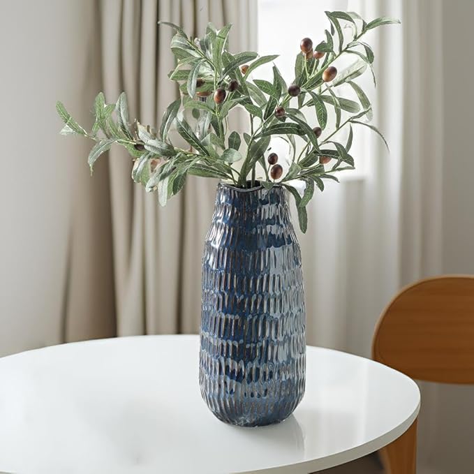 Blue Ceramic Vase for Home Decor, 12.6 Inch Tall Flower Vase with Modern Textured Finish,Decorative Floor Vase for Pampas Grass, Entryway, Living Room, Dining Table, Farmhouse or Office