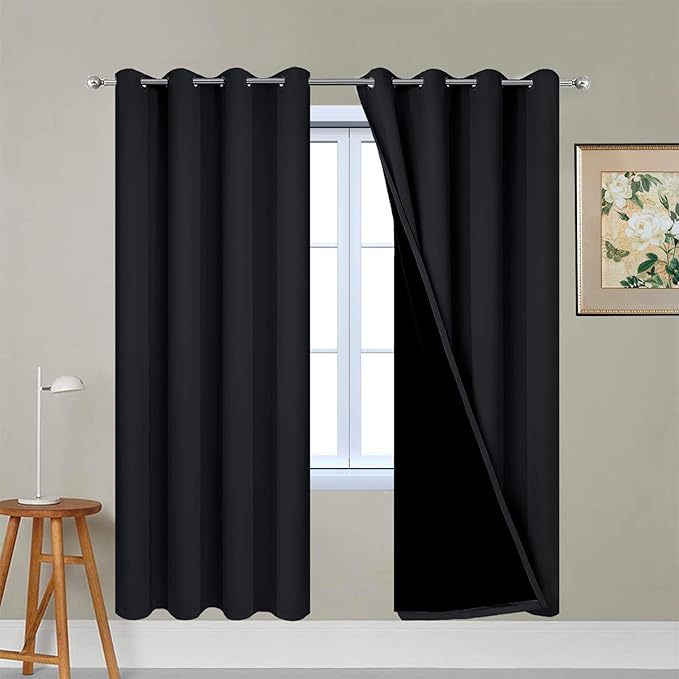 Yakamok 72 Inch Length 100% Blackout Curtains for Bedroom, 2 Thick Layers Thermal Insulated Grommet Total Blackout Drapes with Black Liner for Living Room (52Wx72L,Black, 2 Panels)