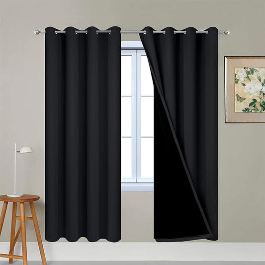 Yakamok 72 Inch Length 100% Blackout Curtains for Bedroom, 2 Thick Layers Thermal Insulated Grommet Total Blackout Drapes with Black Liner for Living Room (52Wx72L,Black, 2 Panels)